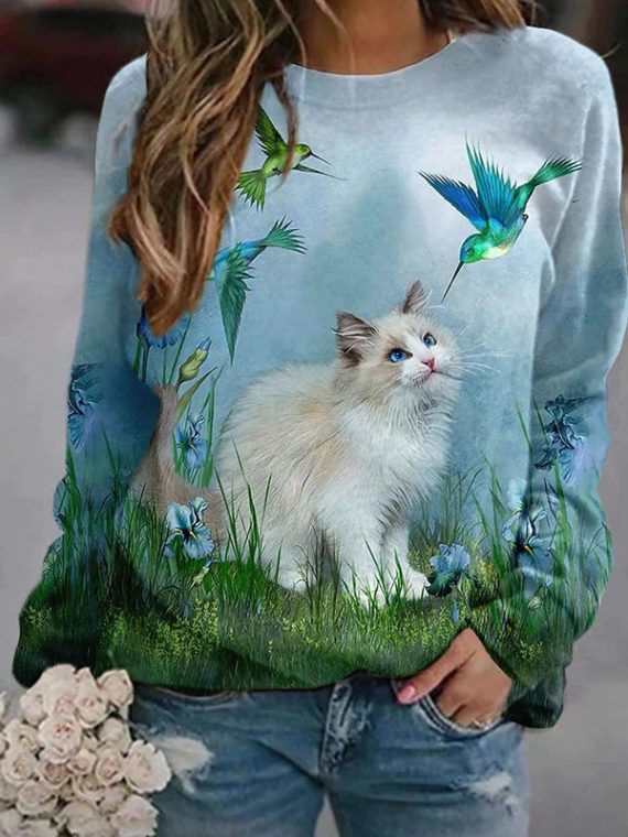 Blue Casual Graphic Tops Round Neck Long Sleeve Cat Scenery Printed Sweatshirts