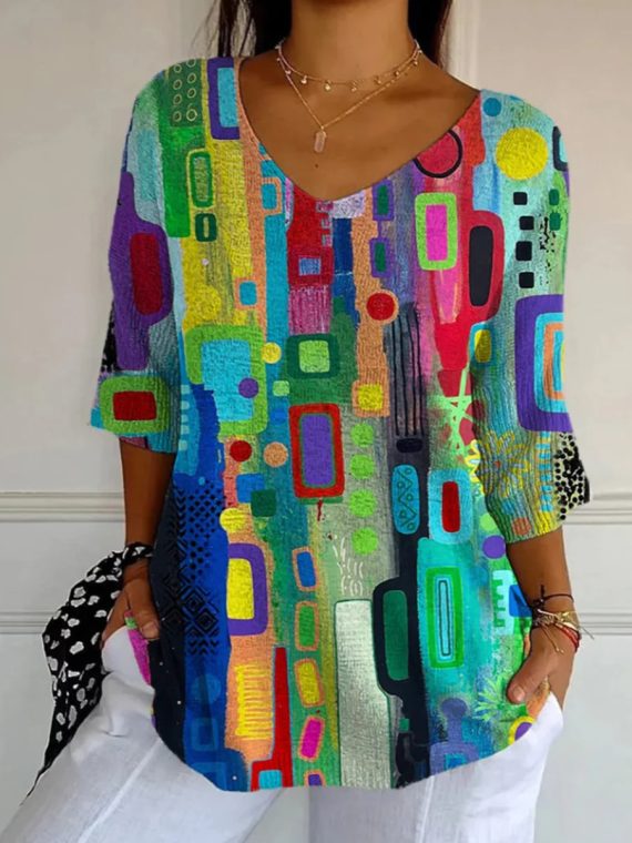 Casual Green V-neck 3/4 Sleeve Top