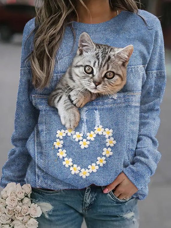 Blue Casual Graphic Tops Round Neck Long Sleeve Cat Printed Sweatshirts