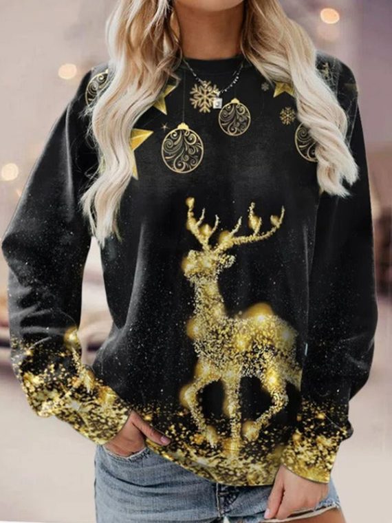 Black Casual Graphic Tops Round Neck Long Sleeve Elk Printed Xmas Sweatshirts