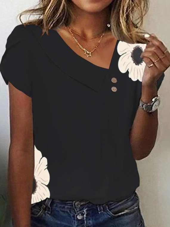 Black Short Sleeve Floral Print Top