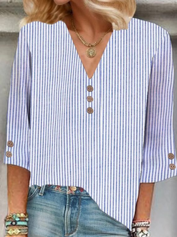 Blue V-neck 3/4 Sleeve Striped Top