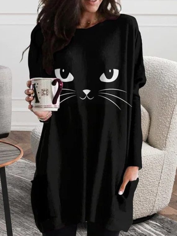 Black Casual Graphic Tops Round Neck Long Sleeve Black Cat Printed Sweatshirts