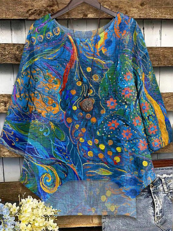 Blue Round Neck 3/4 Sleeve Top