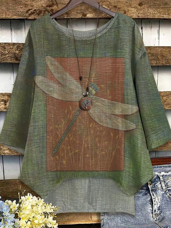 Comfy Dragonfly Print Round Neck Long Sleeve Top