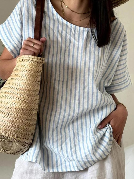 Comfy Striped Round Neck Short Sleeve Top