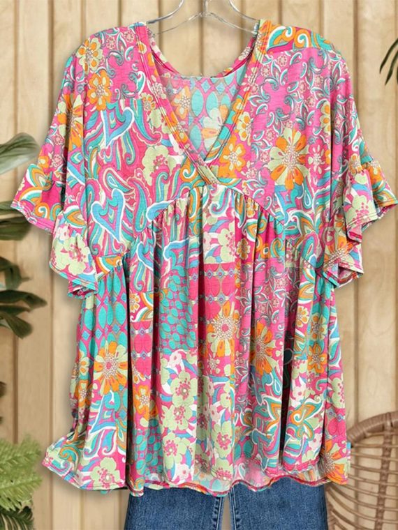 Casual V-Neck Short Sleeve Top