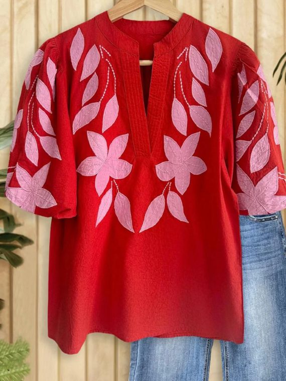 Elegant Red Short Sleeve V-Neck Short Sleeve Top