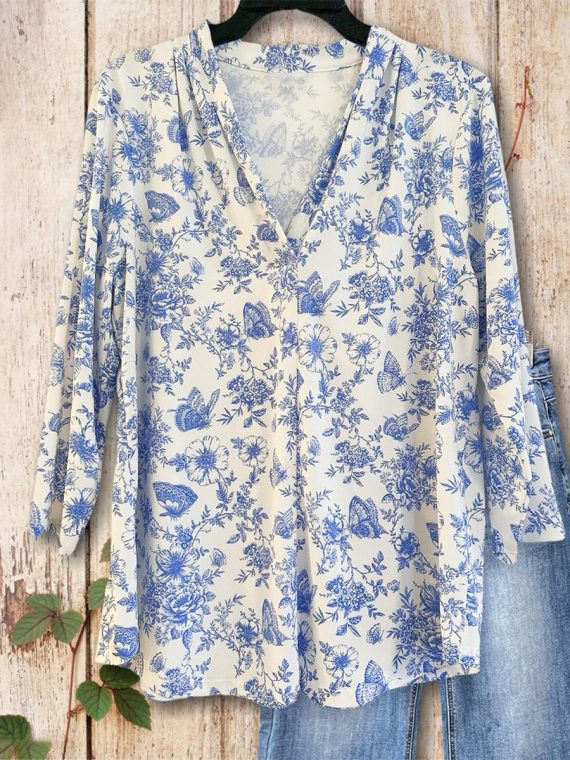 Blue Floral Print V-neck Long Sleeve Top