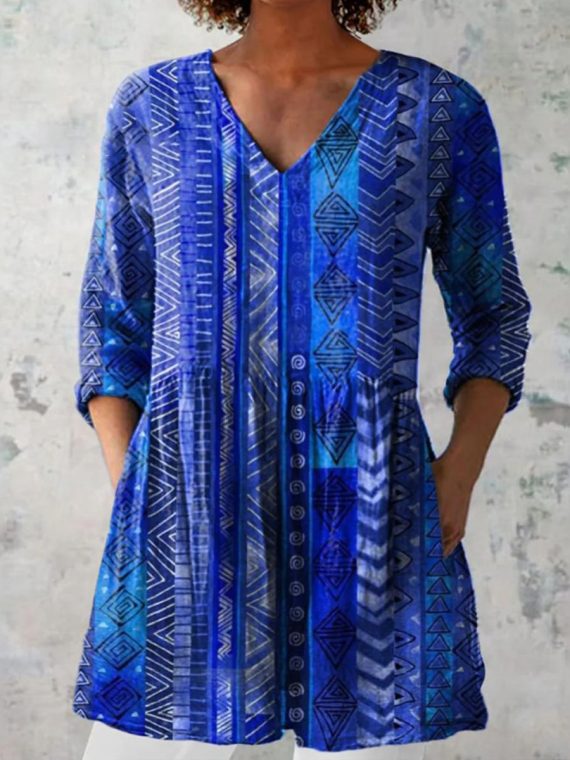 Blue V-Neck Long Sleeve Top