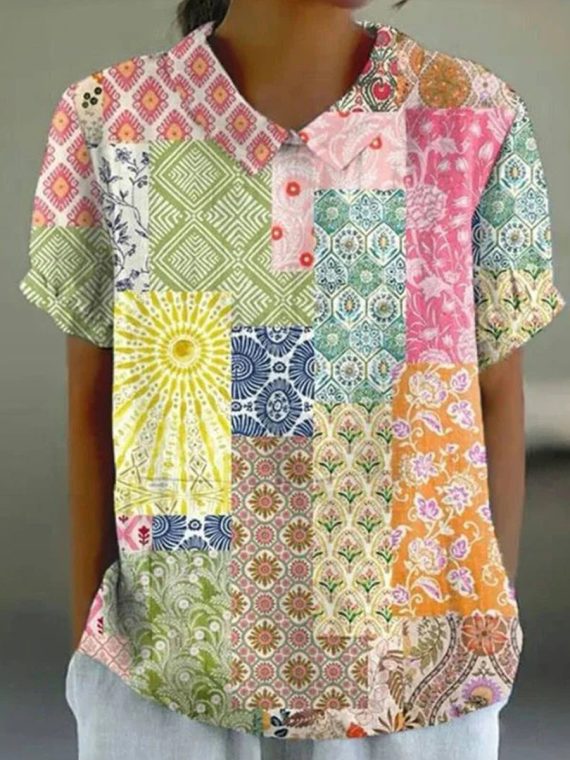 Colourful Vintage Short Sleeve Blouse