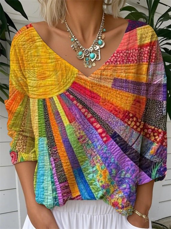 Casual Print V-neck Long Sleeve Loose T-Shirt