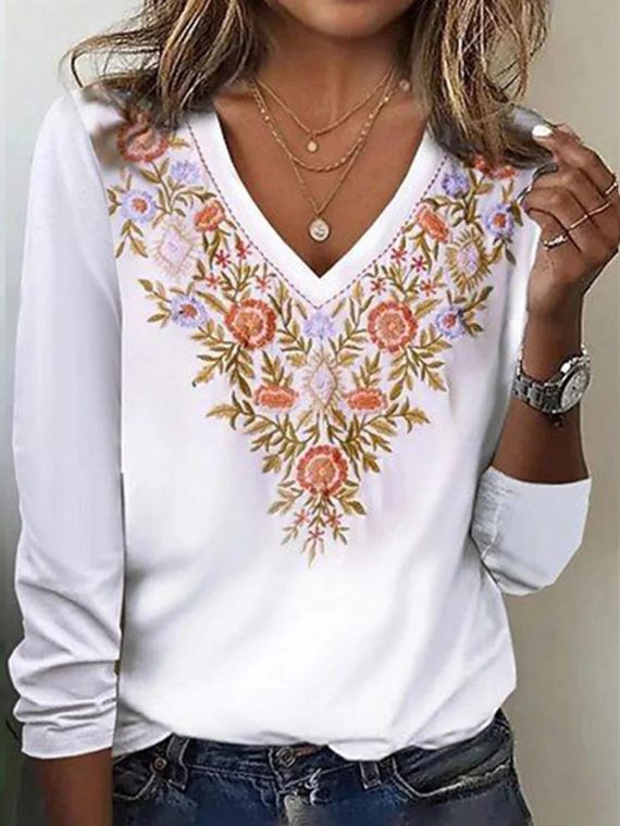 Chic Floral Print V-Neck Long Sleeve White Top