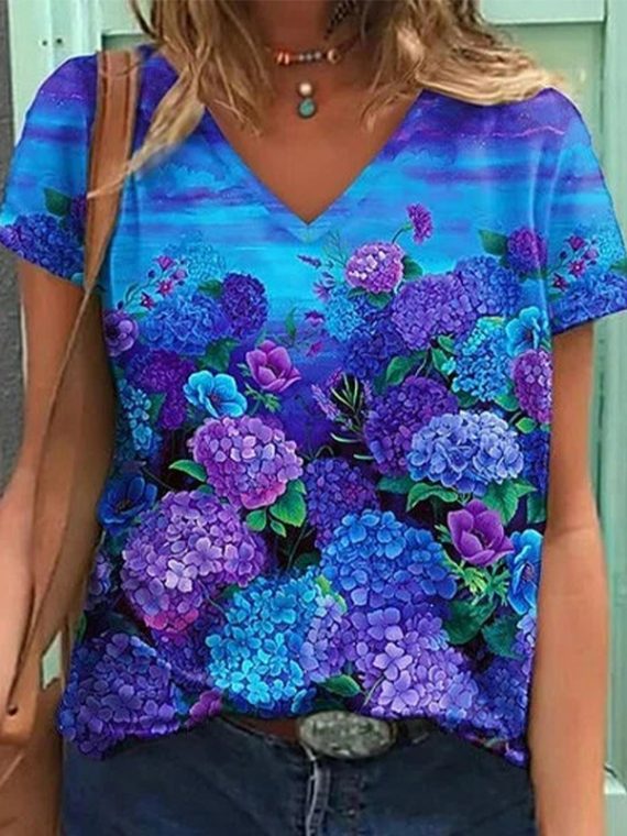 Blue Casual Graphic Tops V-neck Short Sleeve Floral Printed Blouse