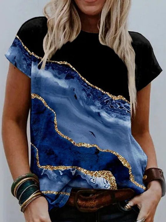 Blue Casual Graphic Tops Round Neck Short Sleeve Marble Printed Blouse