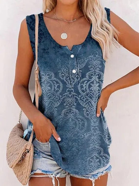 Blue Casual Graphic Tops Round Neck Sleeveless Geometric Printed Tank