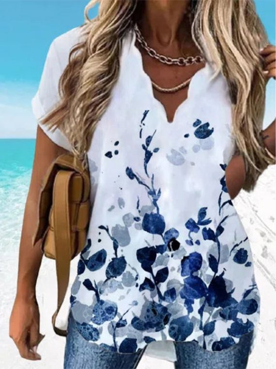 Blue Casual Graphic Tops V-neck Short Sleeve Floral Printed Blouse