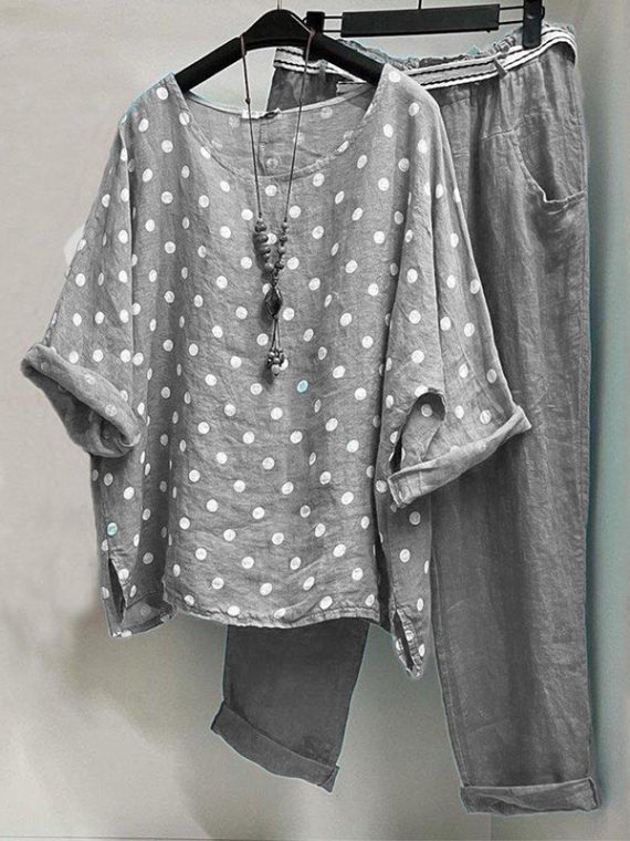 Grey Casual Round Neck Half Sleeve Spot Printed Twopiece