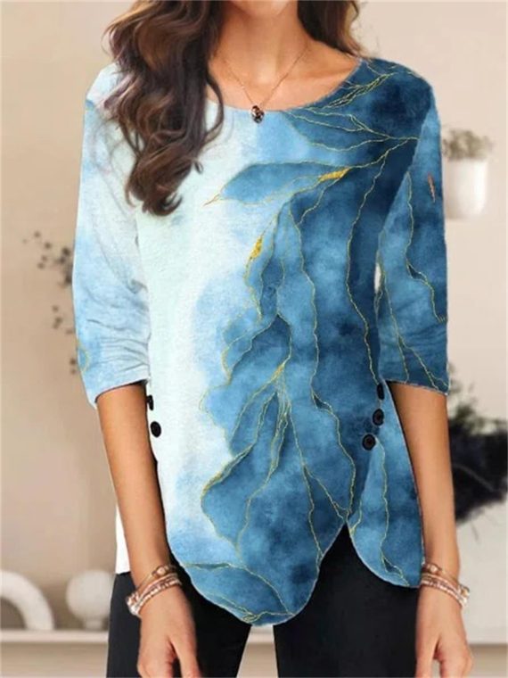 Blue Casual Round Neck Ombre Printed Long Sleeve Blouse