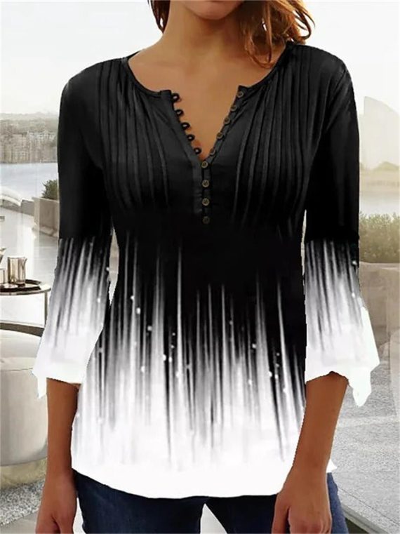 Black and White Casual V Neck Printed Long Sleeve Blouse