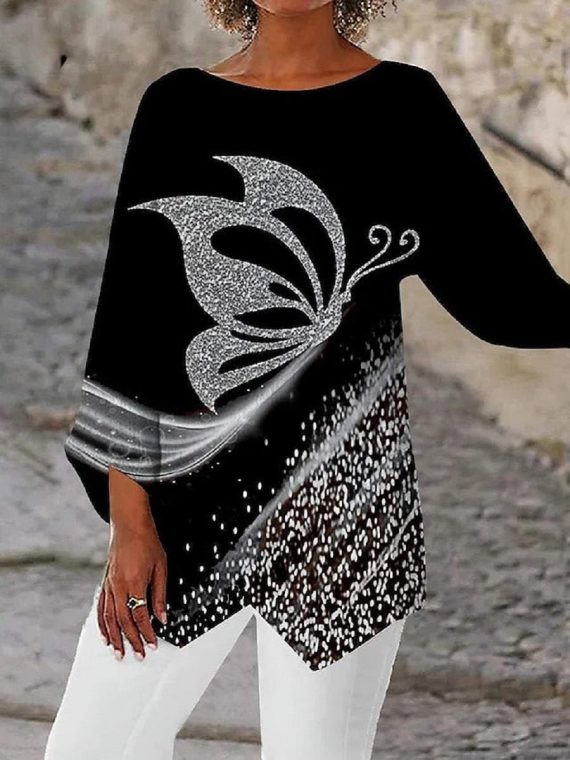 Black Casual Graphic Tops Round Neck Butterfly Printed Long Sleeve Blouse
