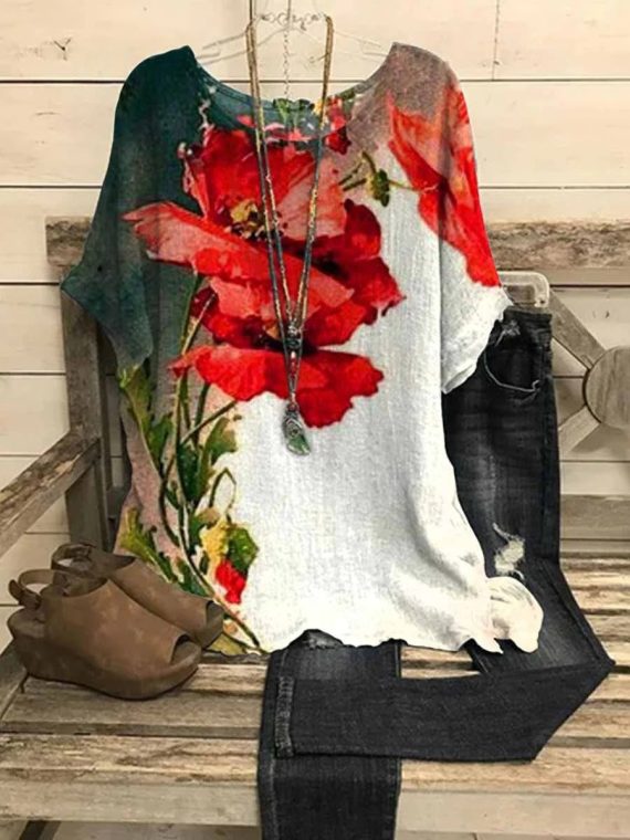 Colorful Casual Graphic Tops Round Neck Floral Printed Short Sleeve Blouse