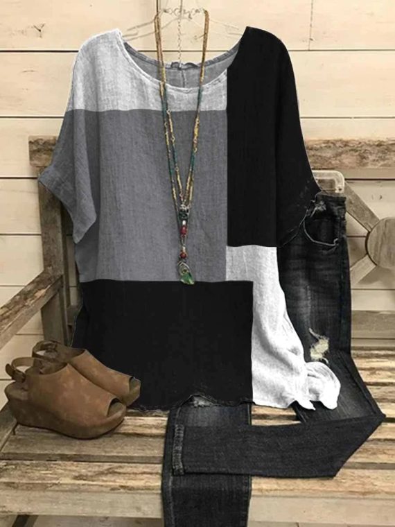 Colorful Casual Round Neck Colorblock Printed Short Sleeve Blouse