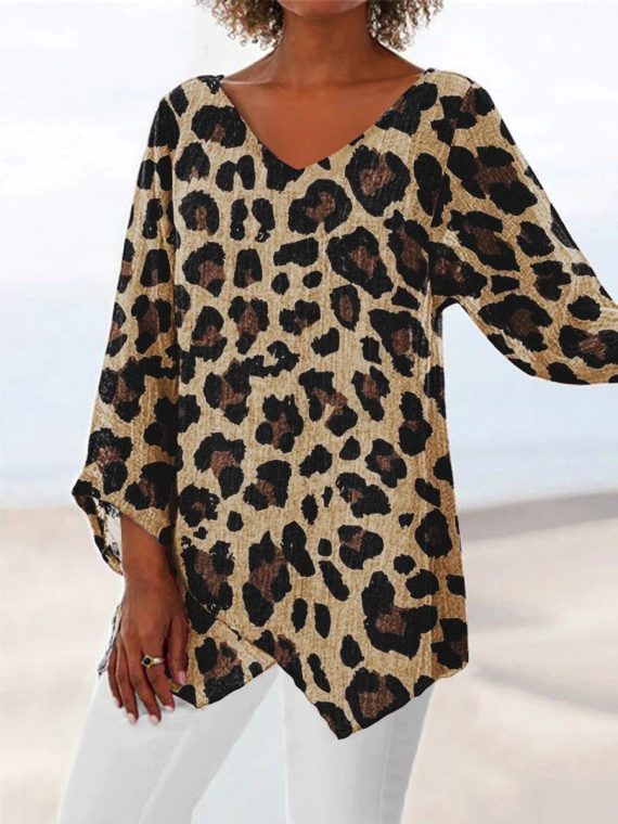 Colorful Casual V Neck Leopard Printed Long Sleeve Blouse
