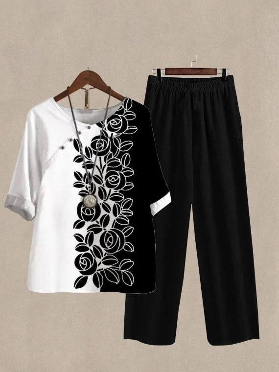 Black Casual Round Neck Floral Printed Half Sleeve Two Piece Sets