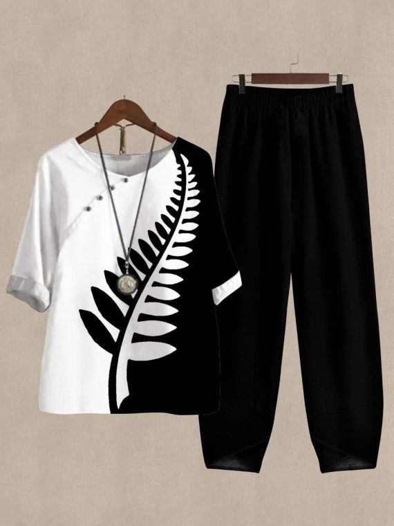 Casual Round Neck Plant Printed Half Sleeve Two Piece Sets