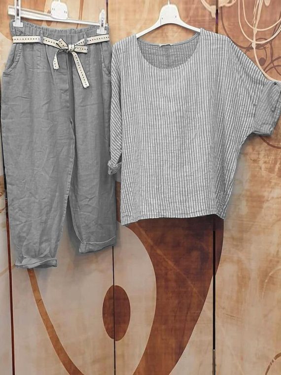 Casual Round Neck Stripe Printed Half Sleeve Two Piece Sets