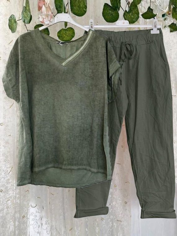 Green Casual V Neck Solid Short Sleeve Two Piece Sets