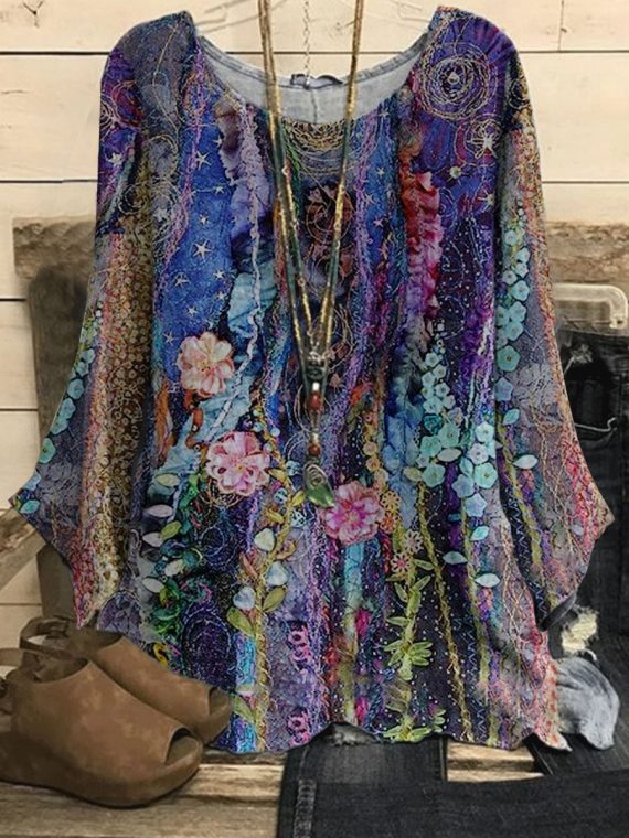Blue Casual Round Neck Floral Printed Long Sleeve Blouse
