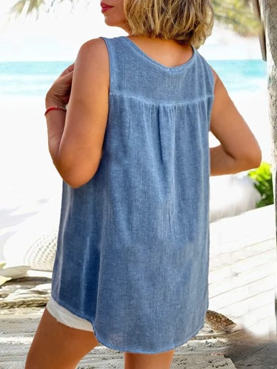 Blue Casual V Neck Solid Sleeveless Tank - Image 2