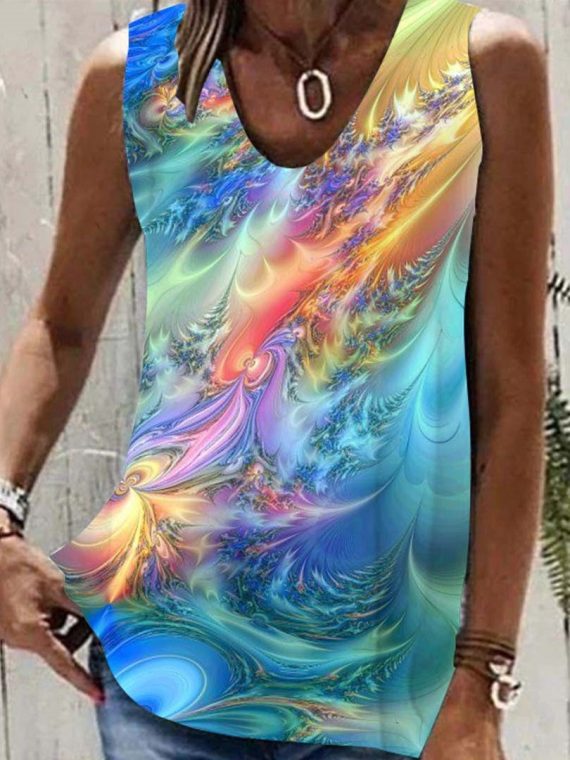 Blue Casual V Neck Printed Sleeveless Tank