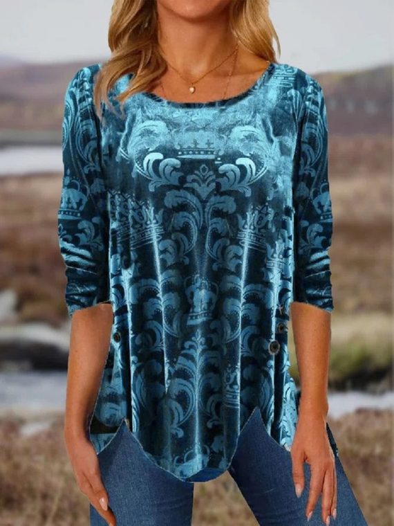 Blue Casual Round Neck Printed Long Sleeve Blouse