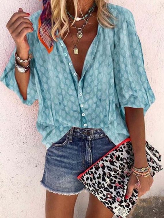 Blue Casual Polka Dots Printed Long Sleeve Blouse