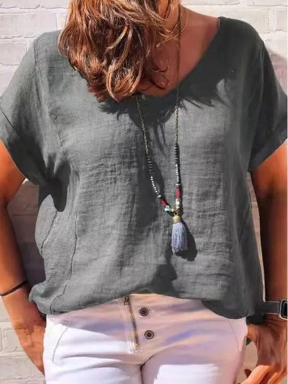 Casual Round Neck Solid Short Sleeve Blouse