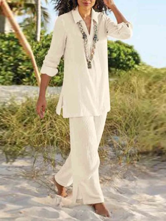 Casual V Neck Solid Long Sleeve Two Piece Sets