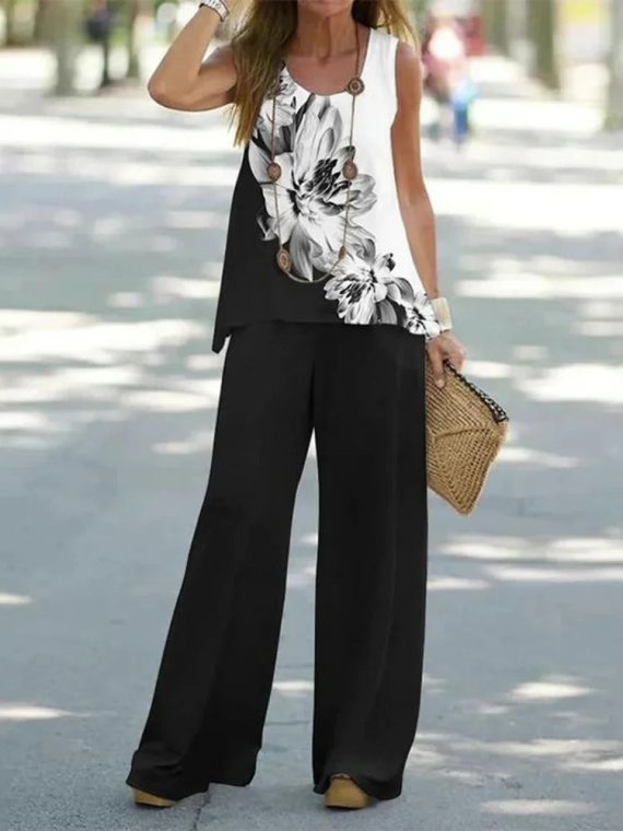 Black Casual Round Neck Floral Printed Sleeveless Two Piece Sets