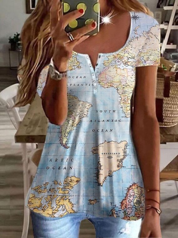 Blue Casual V Neck Map Printed Shorts Blouse