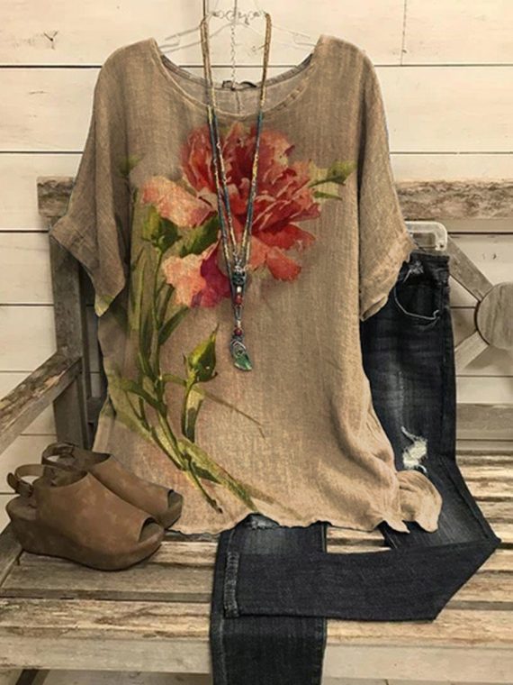 Colorful Casual Round Neck Floral Printed Short Sleeve Blouse