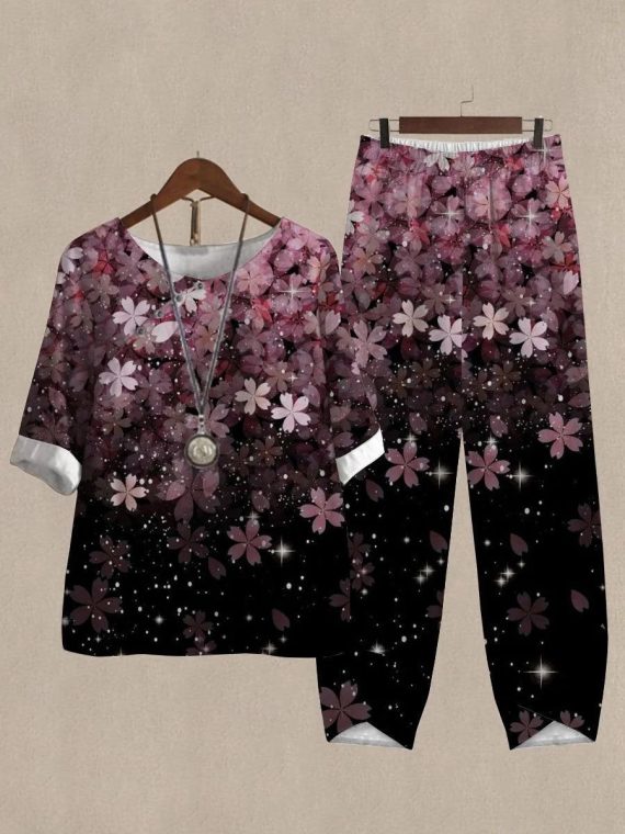 Casual Round Neck Floral Printed Daily Two Piece Suit