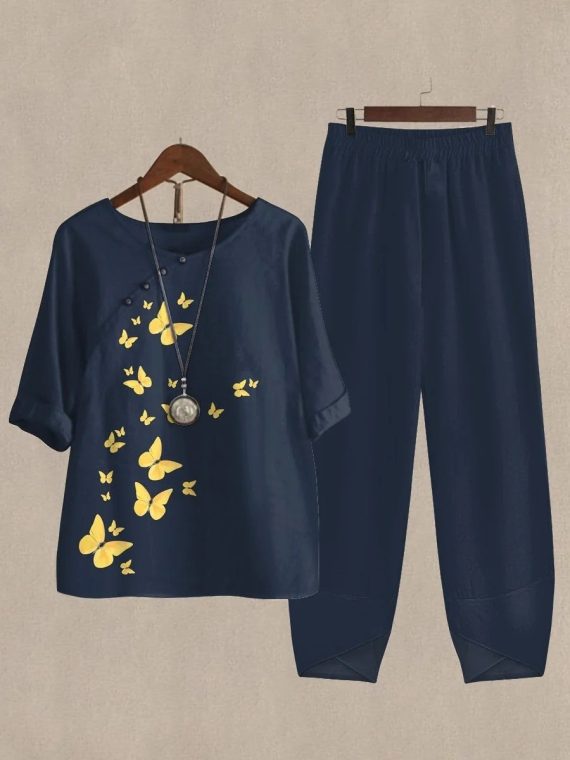 Navy Casual Round Neck Butterfly Printed Half Sleeve Two Piece Suit
