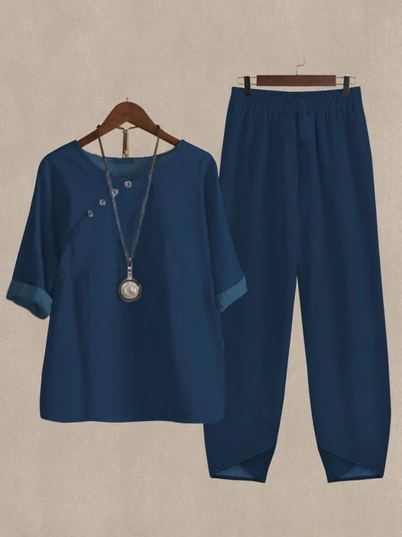 Navy Casual Round Neck Solid Half Sleeve Two Piece Suit