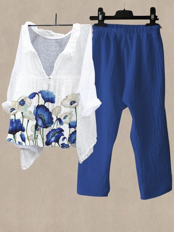 Blue Casual V Neck Floral Printed Daily Two Piece Suit