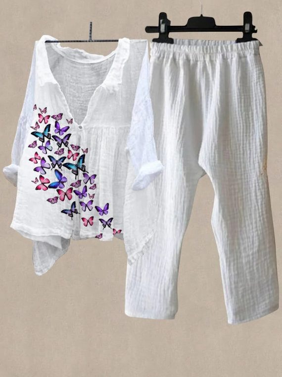 White Casual V Neck Butterfly Printed Daily Two Piece Suit