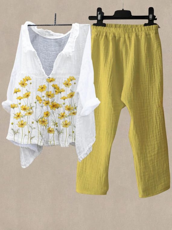 Yellow Casual V Neck Floral Printed Daily Two Piece Suit