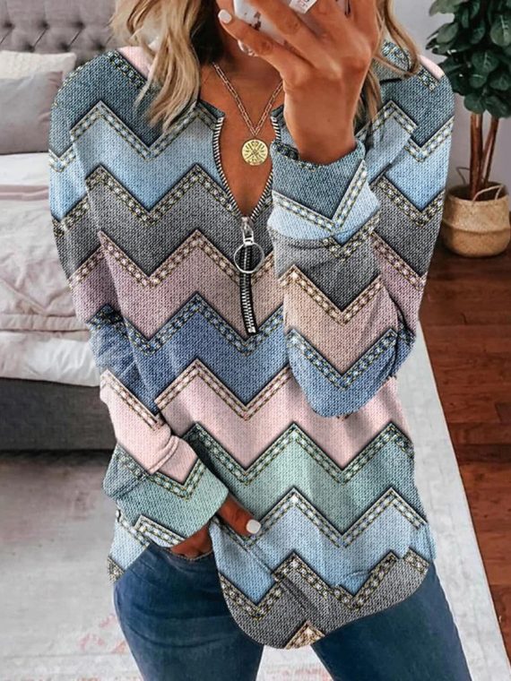 Blue Casual V Neck Geometric Long Sleeve Sweatshirts