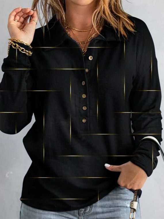 Black Casual V Neck Daily Sweatshirts with Buttons
